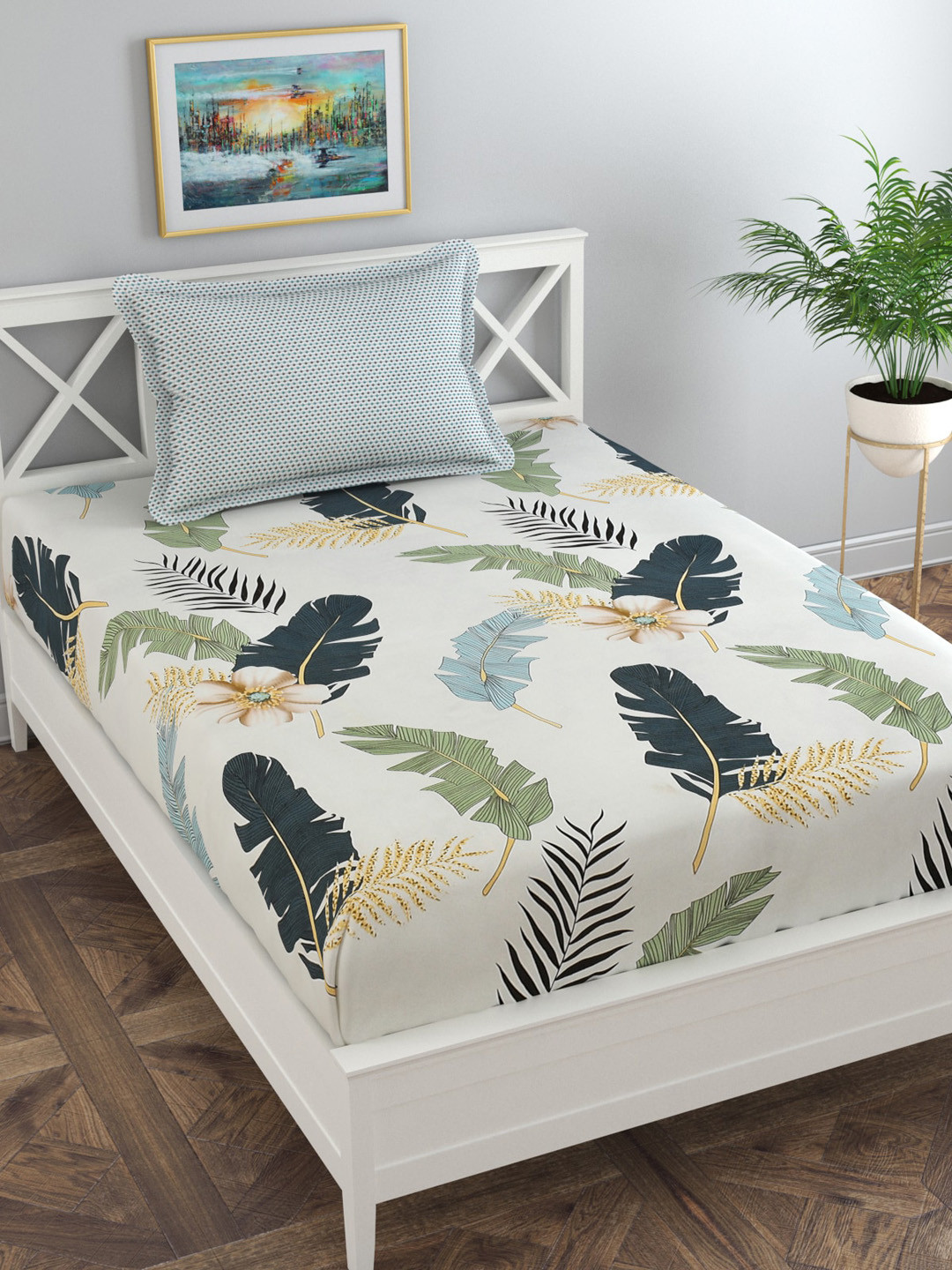 Florida Off White Leaf Polycotton 120 TC Single Bedsheet with a Pillow Cover-88 x 61 inches