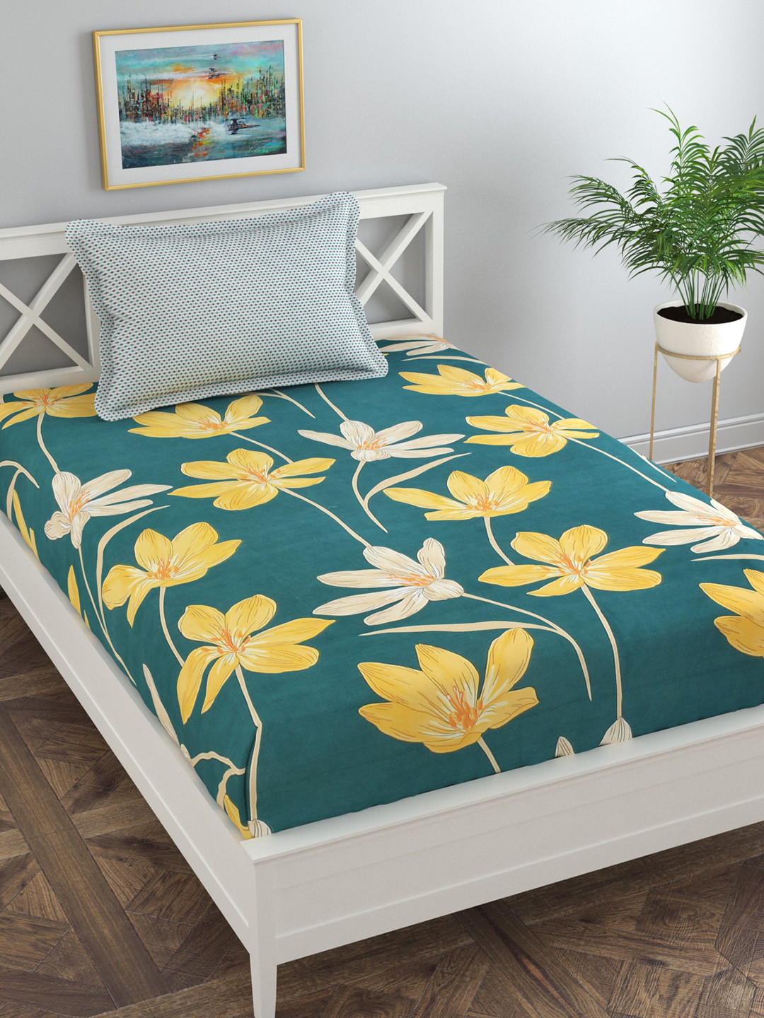 Florida Green Floral Polycotton 120 TC Single Bedsheet with a Pillow Cover-59 x 87 inches