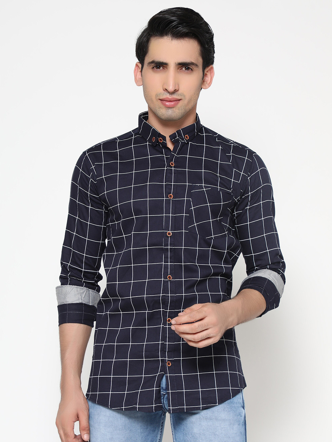 INLERA Men Blue Comfort Windowpane Checks Checked Casual Shirt
