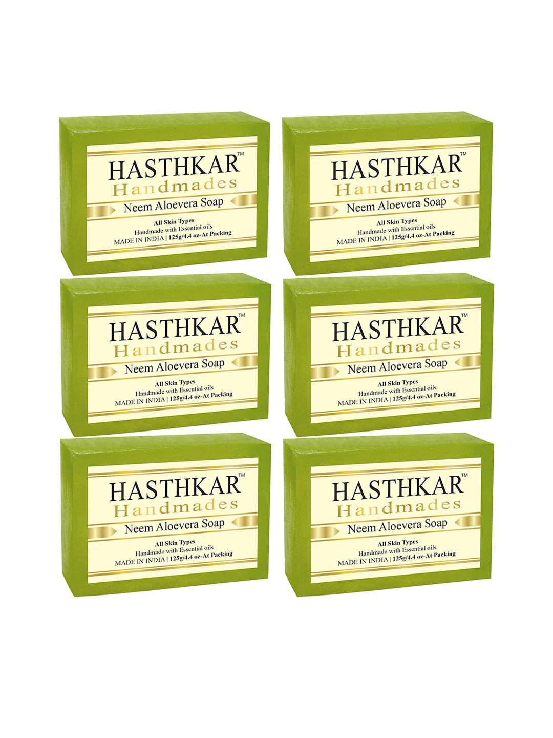 Hasthkar Set of 6 Neem Aloe Vera Handmade Soaps for All Skin Types - 125 g Each