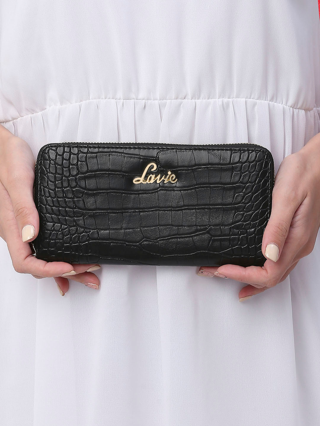 Lavie Glossy Sacy Women Black Animal Textured Zip Around Wallet