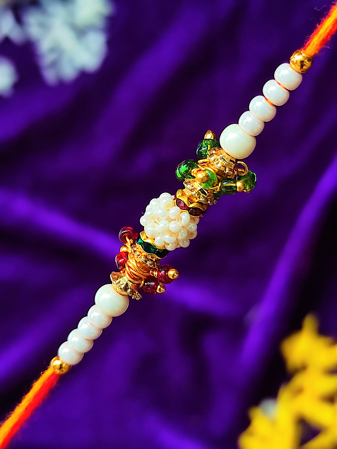CRAYTON Men Gold-Toned White & Red Stone-Stuuded & Beaded Rakhi