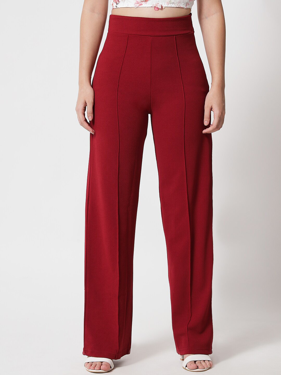 Kotty Women Maroon Relaxed Straight Fit High-Rise Easy Wash Pleated Trousers