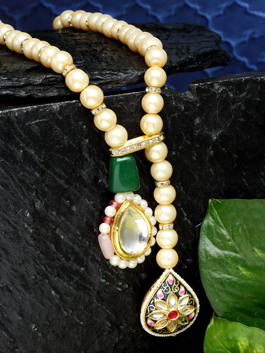 DUGRISTYLE Gold-Toned & Off White Sterling Silver Gold-Plated Handcrafted Necklace