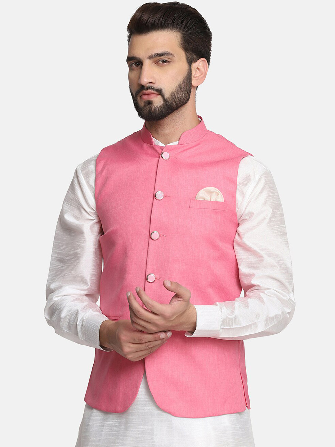 TAHVO Men Pink Solid Satin Nehru Jacket