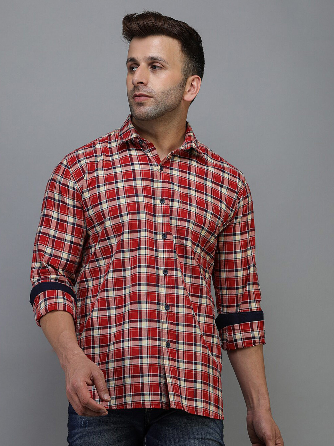 TQS Men Red Standard Tartan Checks Checked Casual Shirt