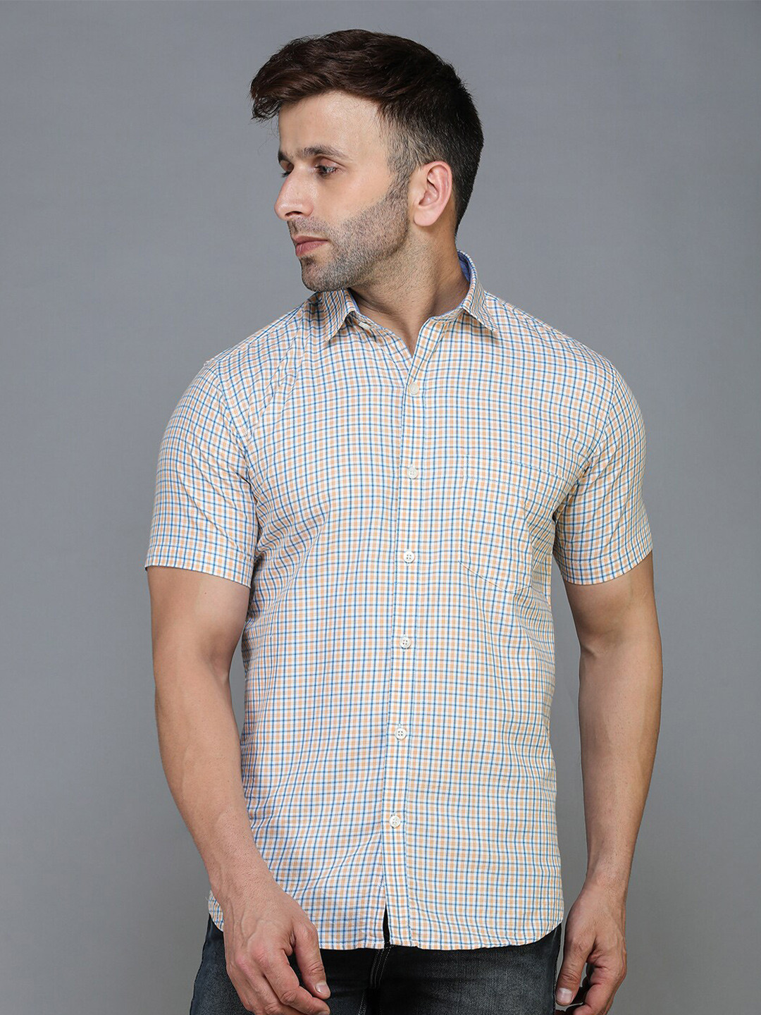 TQS Men Yellow Standard Checked Casual Shirt