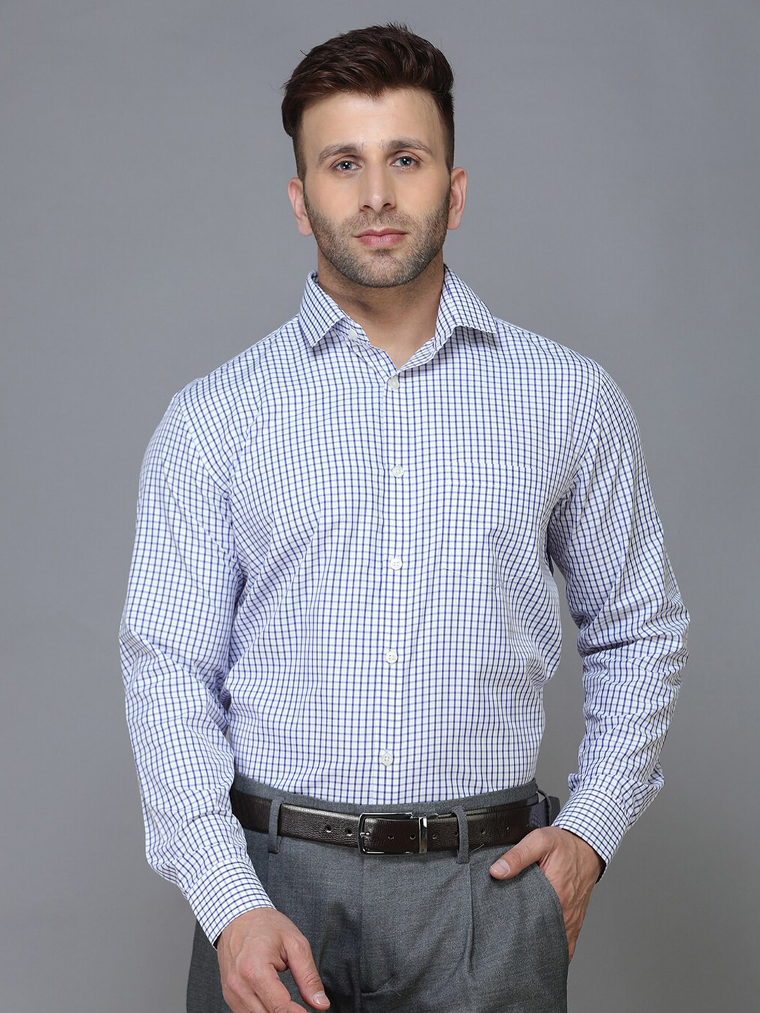 TQS Men Navy Blue Standard Gingham Checks Checked Casual Shirt