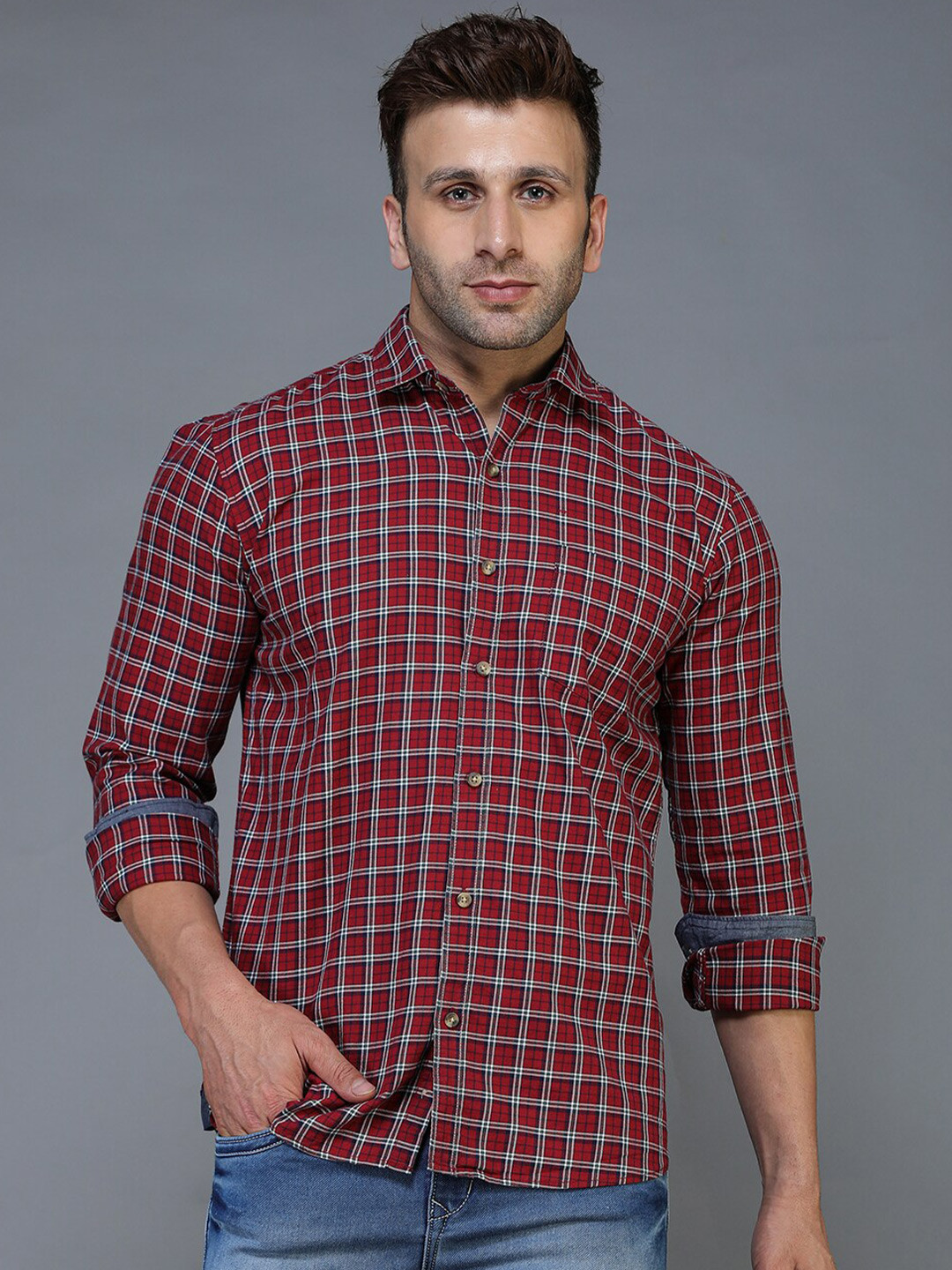 TQS Men Red Standard Checked Casual Shirt