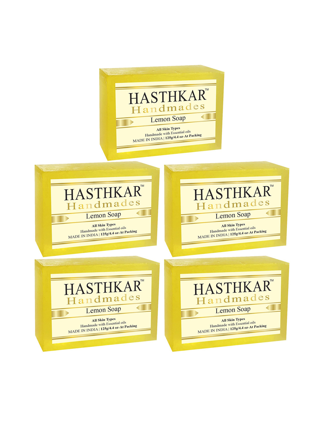 Hasthkar Set of 5 Lemon Handmade Soaps for All Skin Types with Essential Oils - 125g Each