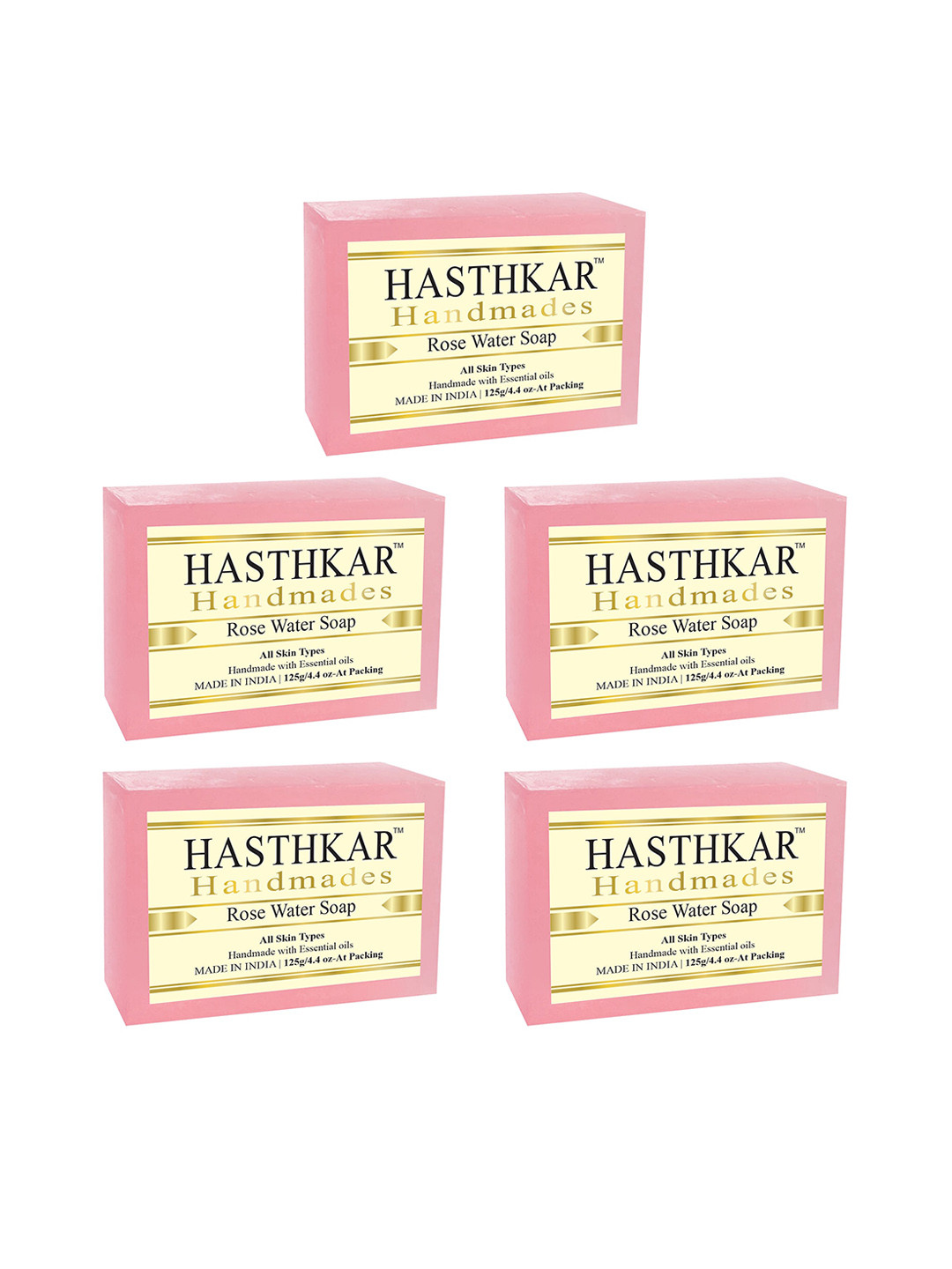 Hasthkar Set of 5 Handmade Rose Water Soap for All Skin Types - 125 g Each