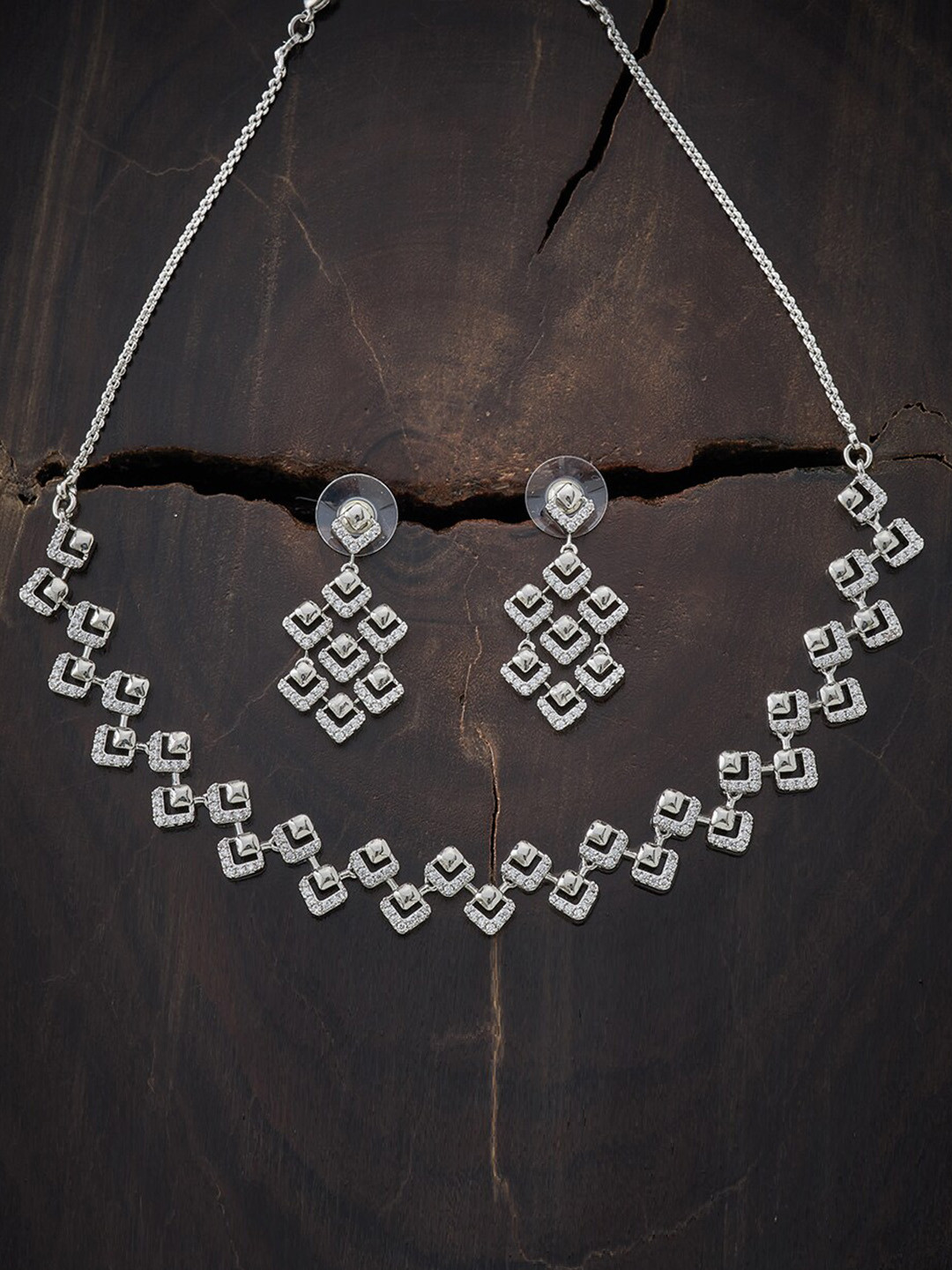 Kushal's Fashion Jewellery SIlver-Toned White Cubic Zirconia Rhodium-Plated Jewellery Set