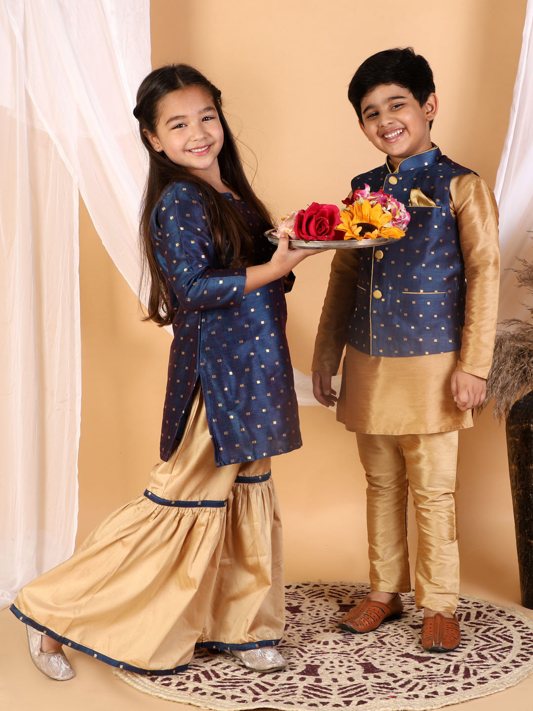 VASTRAMAY Boys Rose Gold Ethnic Motifs Printed Kurta with Pyjama With Nehru Jacket