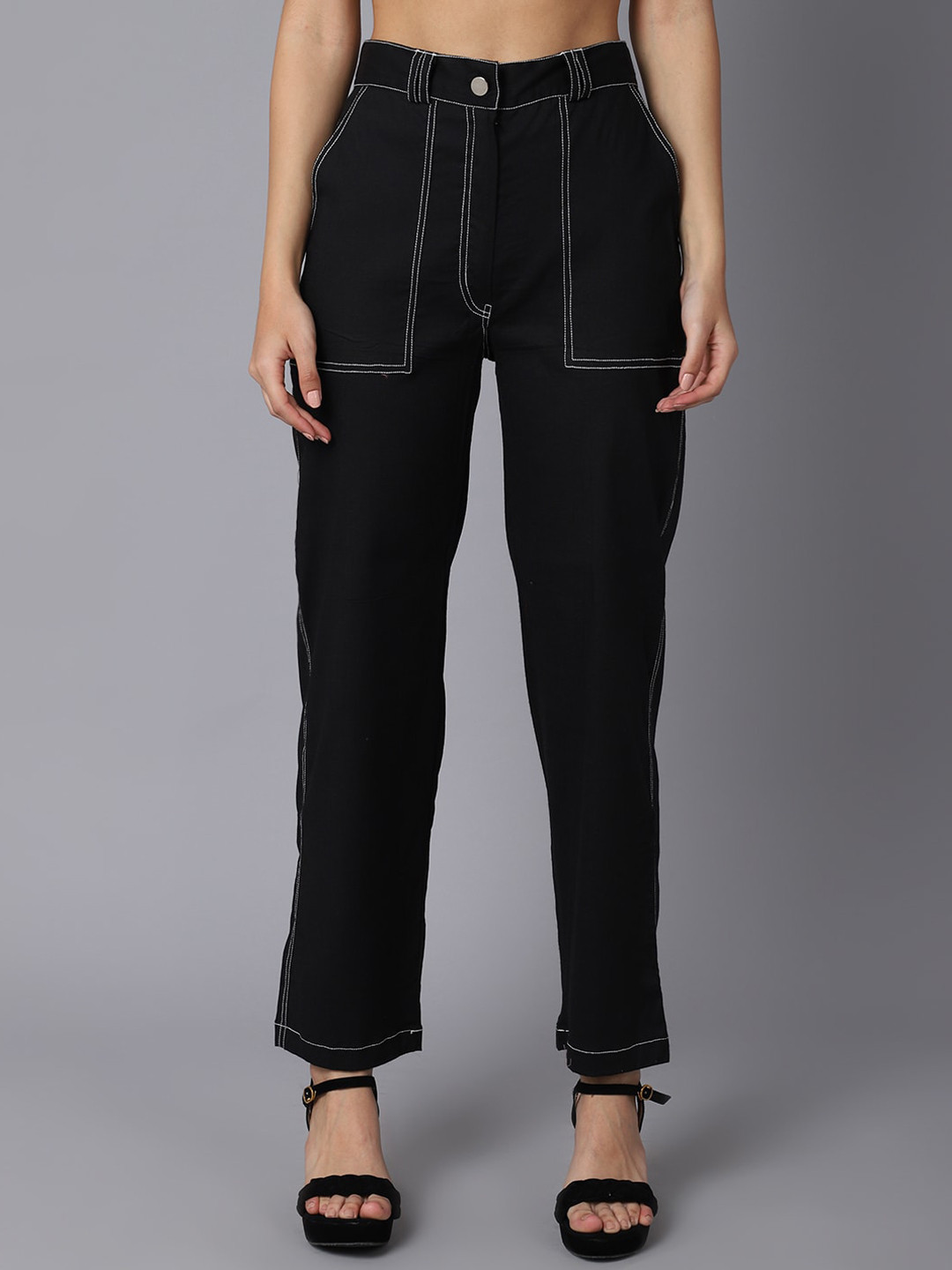 TAG 7 Women Black Smart Straight Fit Trousers
