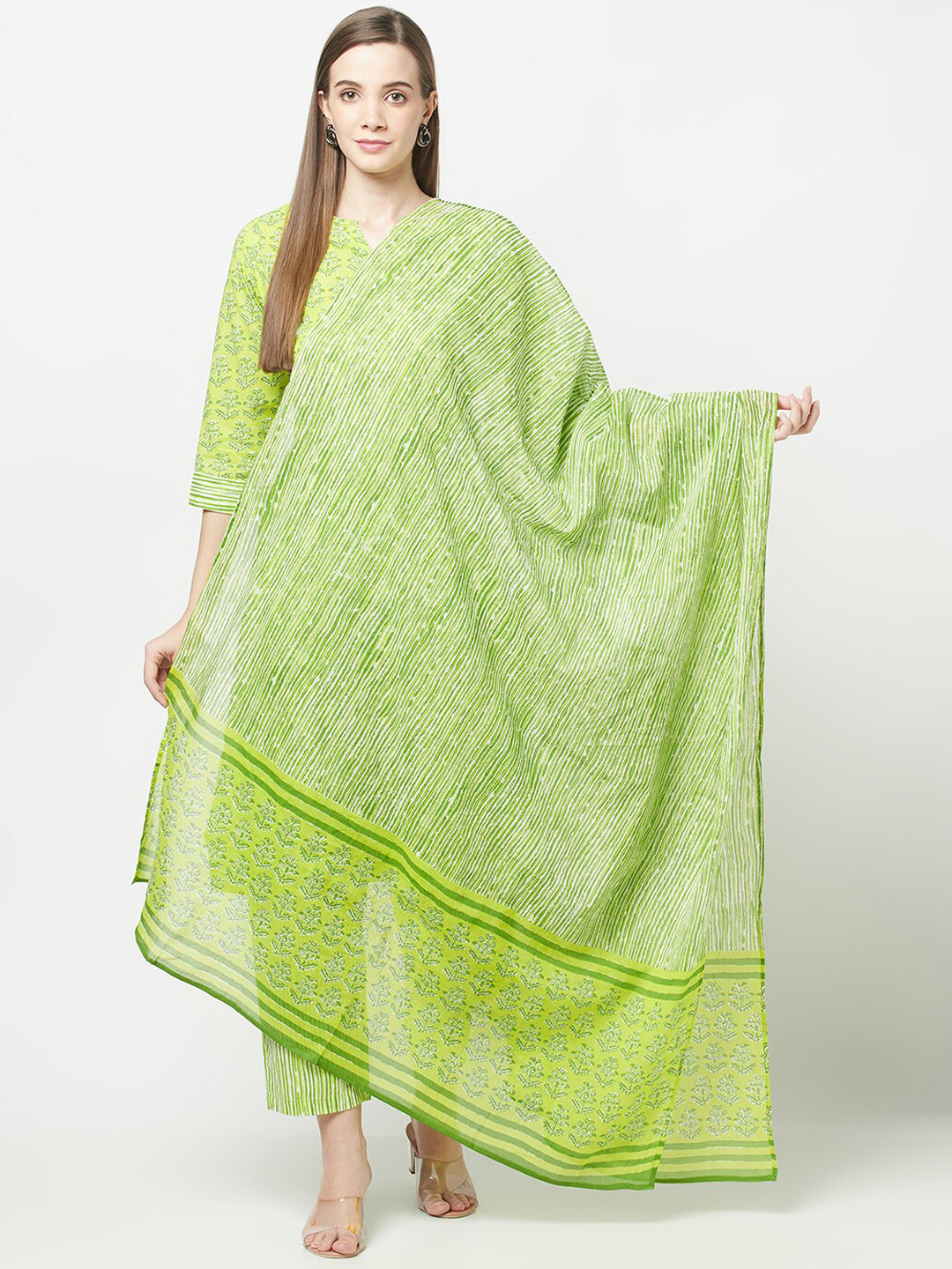 ERISHA Women Lime Green Printed Pleated Pure Cotton Kurti with Palazzos & With Dupatta