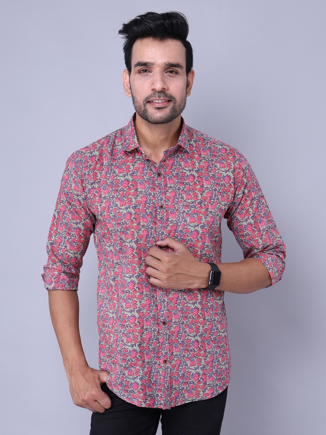 Men Navy Blue Smart Slim Fit Floral Printed Formal Shirt