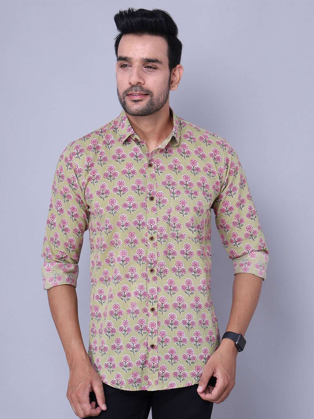 Nation Polo Club Men Olive Green Comfort Slim Fit Floral Printed Casual Shirt