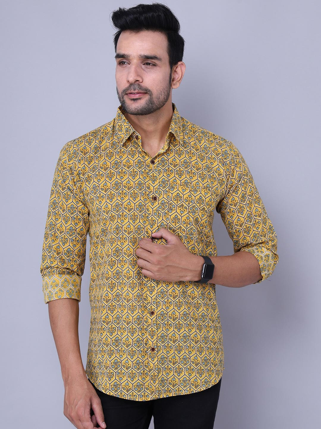 Nation Polo Club Men Yellow Comfort Slim Fit Floral Printed Casual Shirt