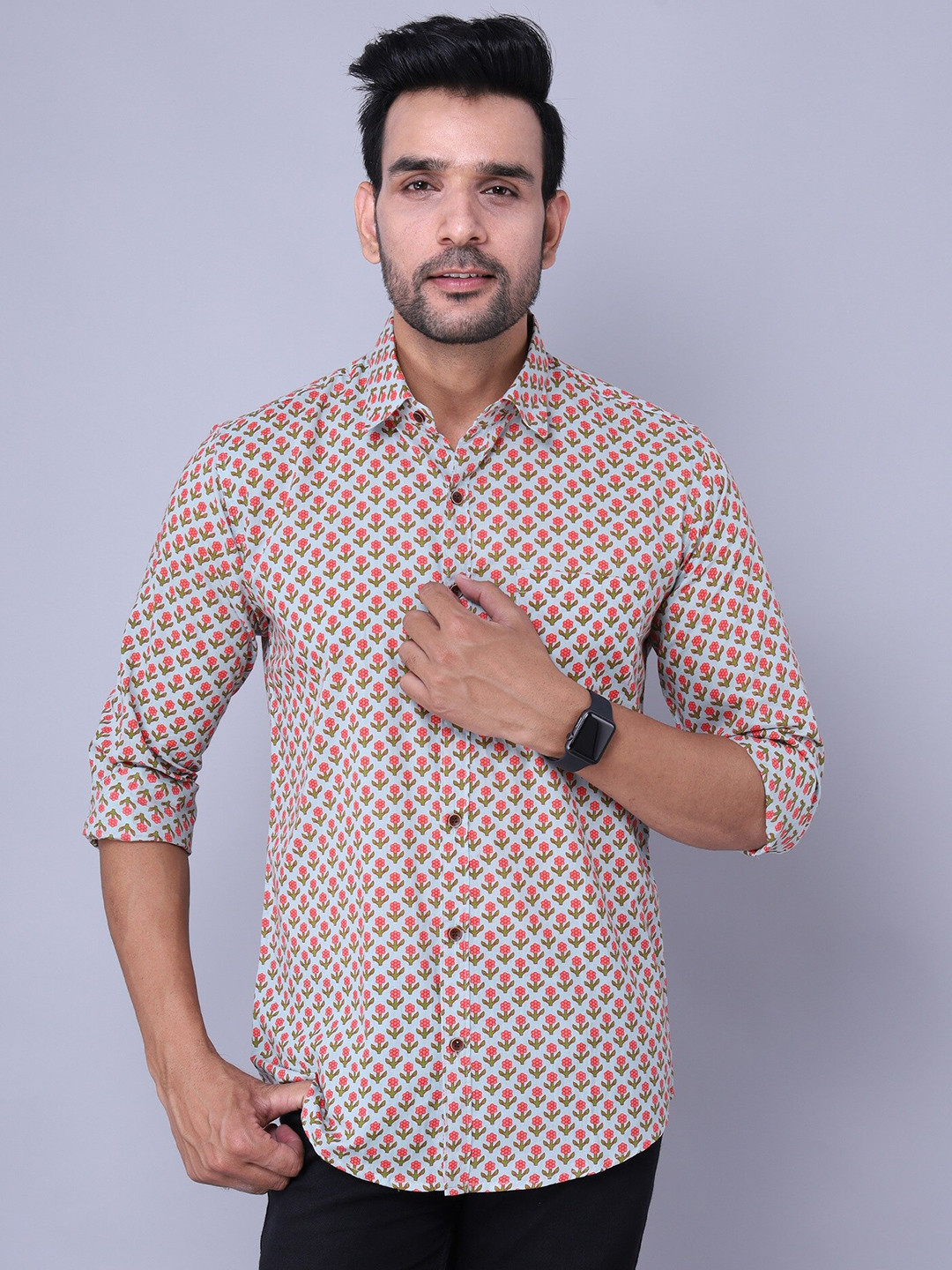 Nation Polo Club Men Turquoise Blue Comfort Slim Fit Floral Printed Casual Shirt