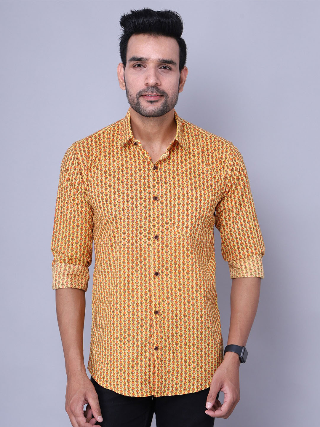 Nation Polo Club Men Yellow Comfort Slim Fit Printed Casual Shirt