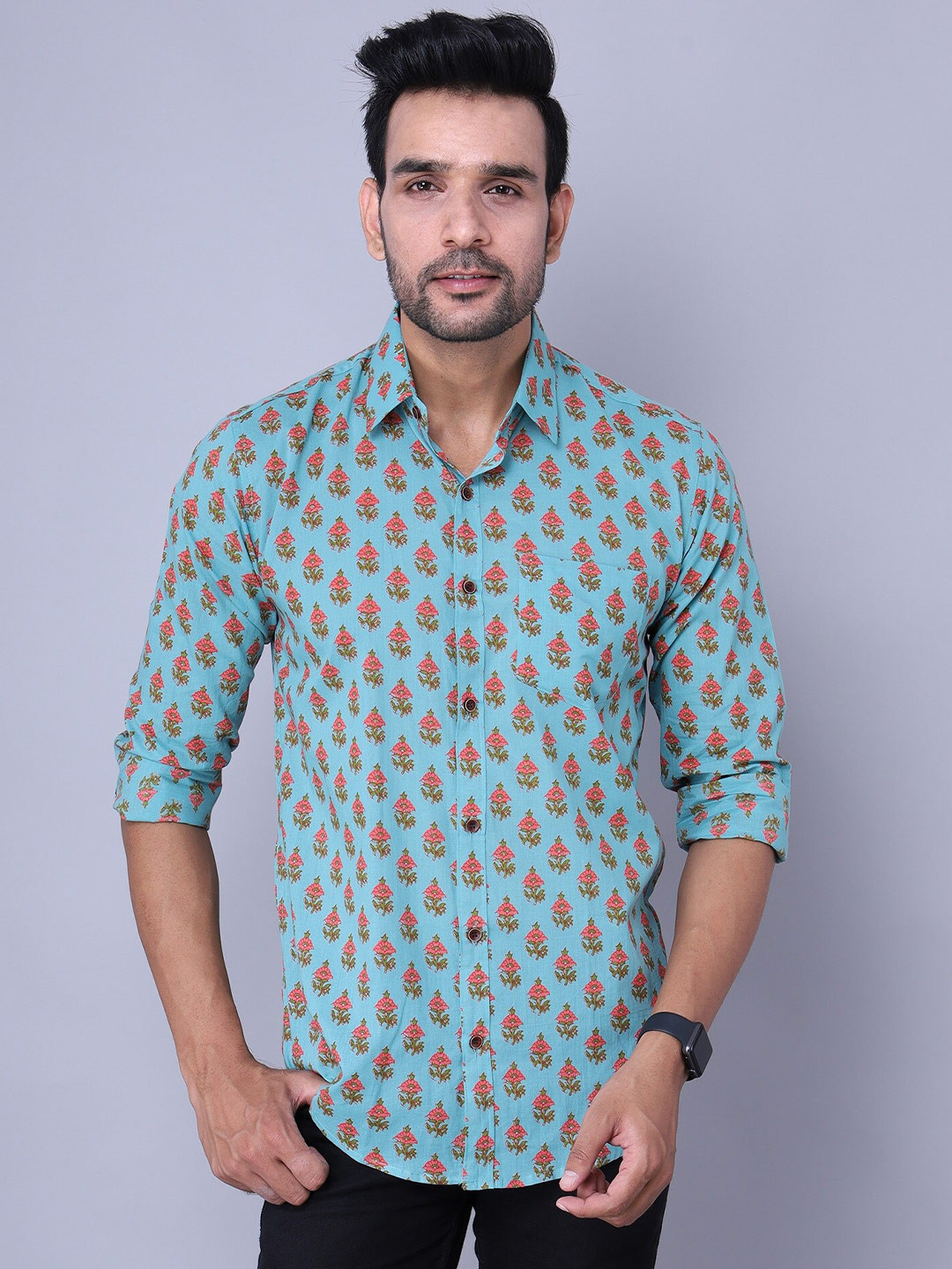 Nation Polo Club Men Sea Green Comfort Slim Fit Floral Printed Casual Shirt