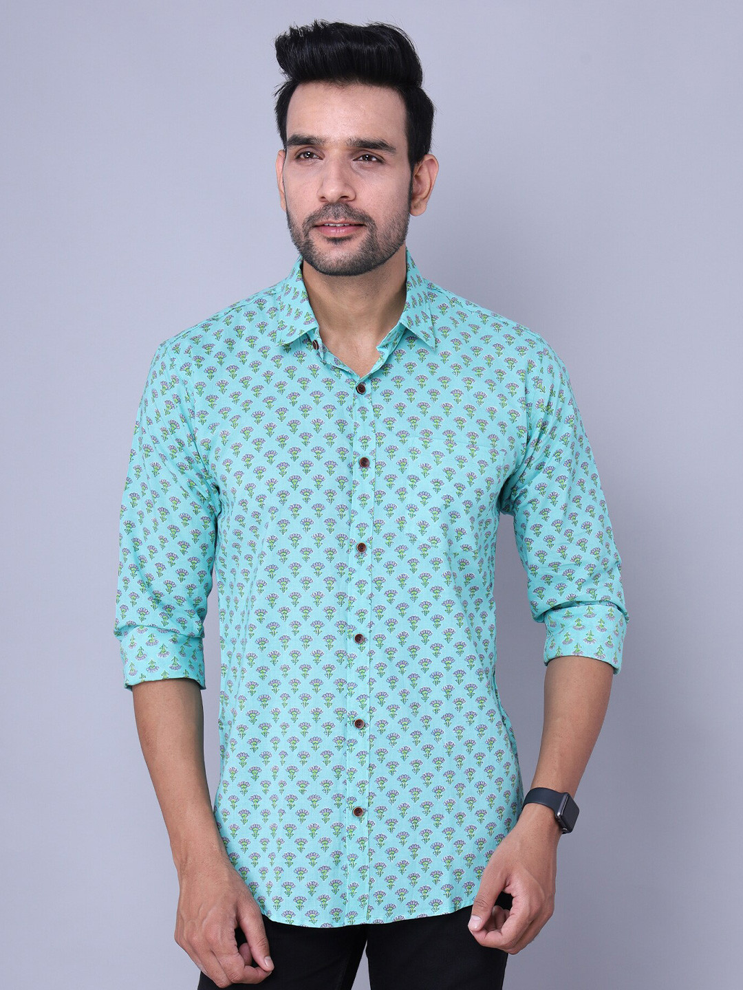 Nation Polo Club Men Turquoise Blue Comfort Slim Fit Printed Casual Shirt