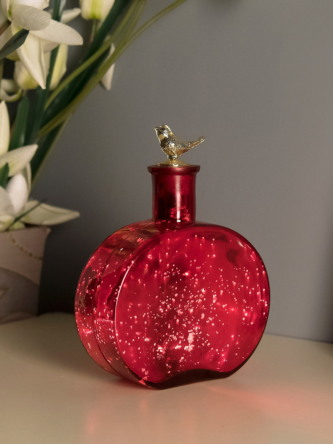 Homesake Bottle Copper Star String Lights Red Glass Glossy Living Room Medium Showpiece - 6.7 Inches