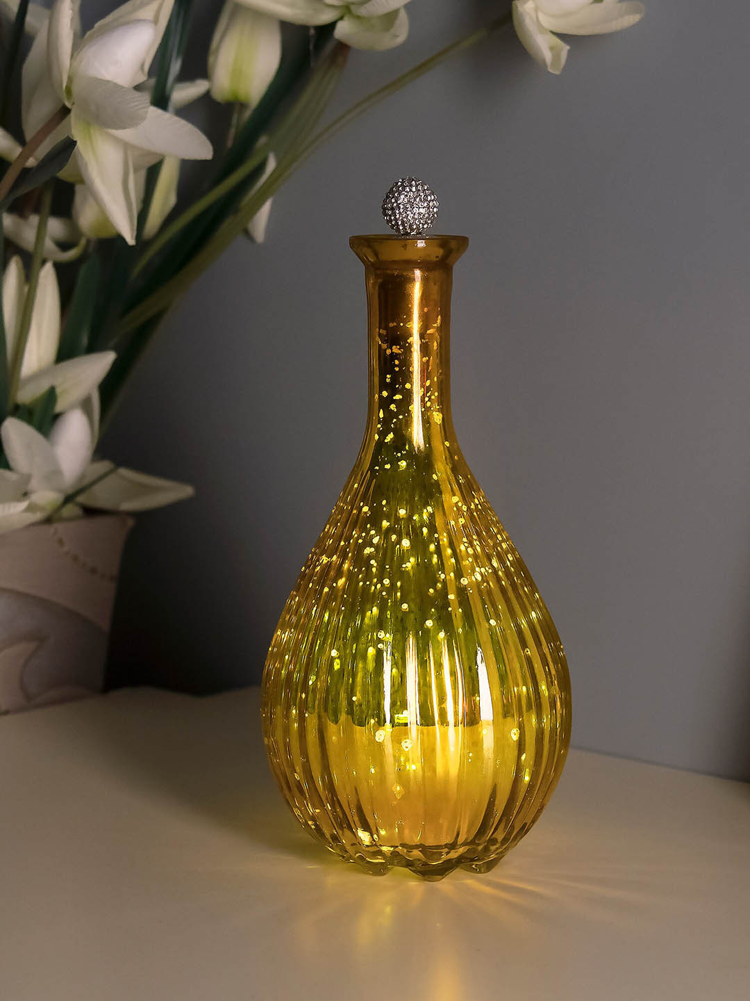 Homesake Ovoid Bottle Yellow Copper Prayer Room Lights Medium Showpiece - 9.4 Inches