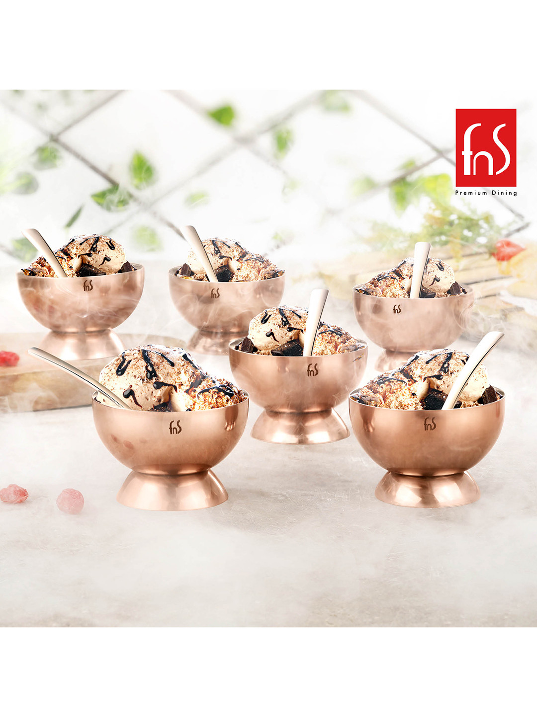 FNS  12 Pieces Rose Gold-Toned Stainless Steel Serving Bowl & Spoon