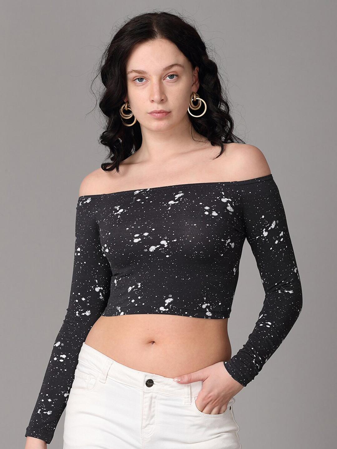 Oh So Fly Grey Print Off-Shoulder Bardot Crop Top