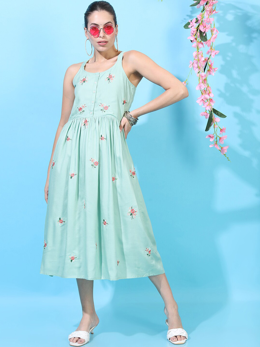 Vishudh Green Floral Midi Dress