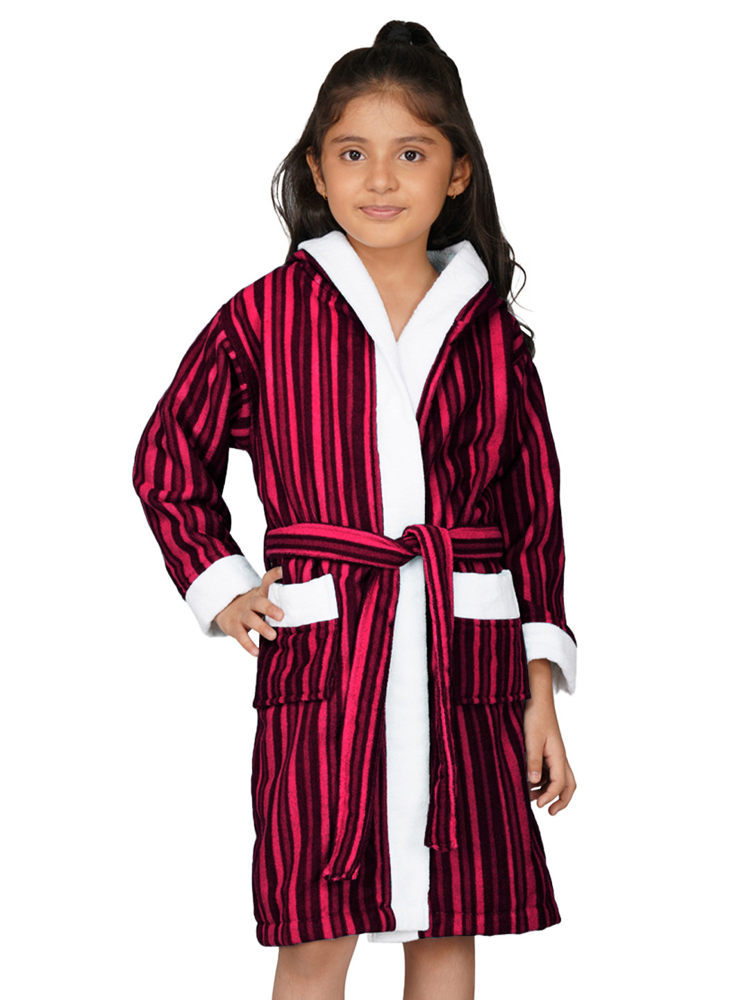 RANGOLI Tonal, 400 GSM Maroon Striped Cotton Drawstring Knee Length Bath Robe