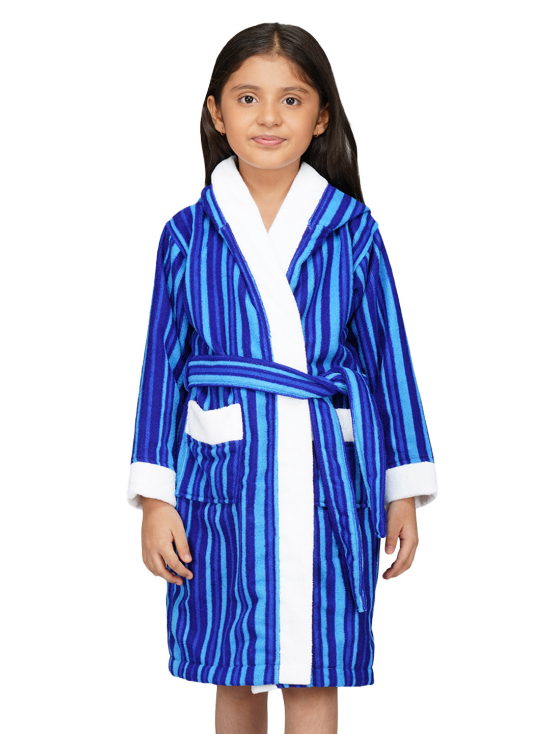 RANGOLI Tonal, 400 GSM Blue Striped Cotton Drawstring Knee Length Bath Robe