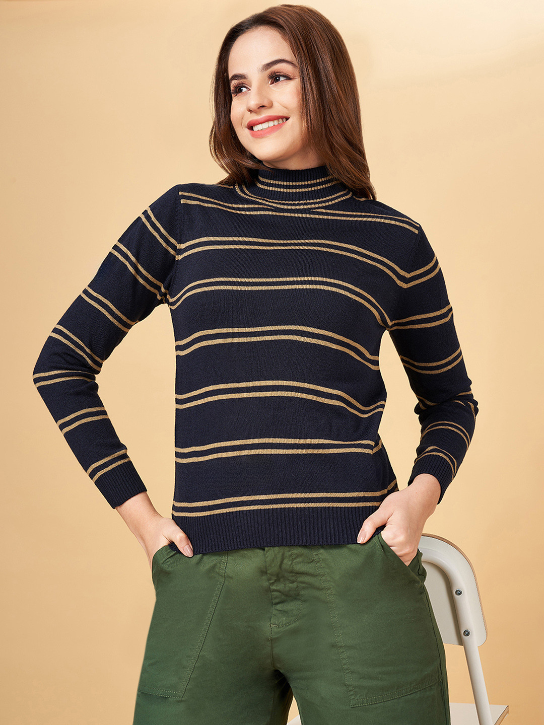 Honey by Pantaloons Women Navy Blue & Mustard Striped Pullover