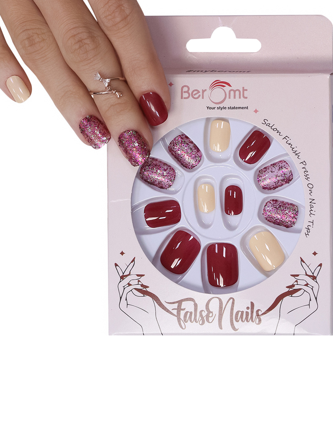 BEROMT 12 Pcs Long-Lasting Reusable Lightweight Salon Finish Press on Nail Tips- Shade 730