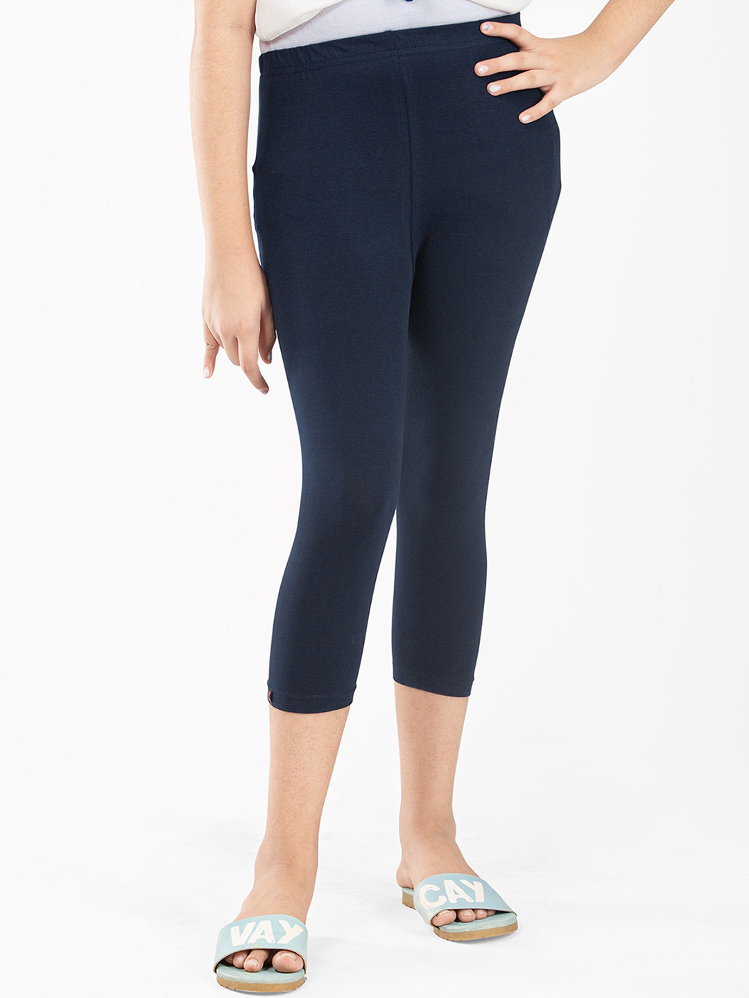 indian flower Girls Navy Blue Solid Three-Fourth Length Leggings