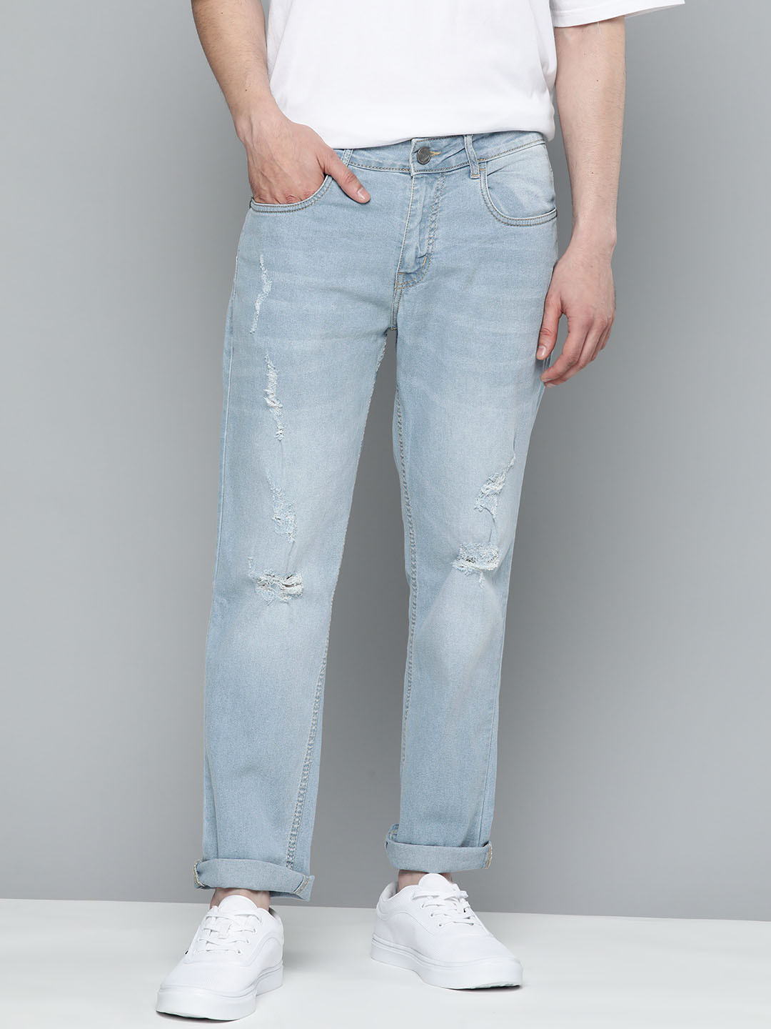 Mast & Harbour Men Slim Fit Ripped Light Fade Stretchable Jeans