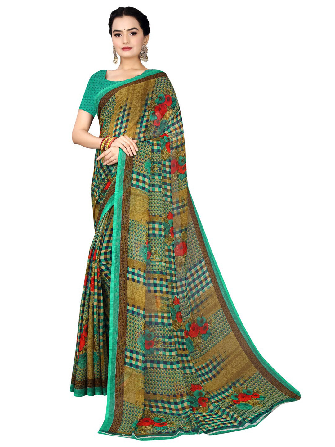SAADHVI Sea Green & Red Floral Pure Georgette  Bandhani Saree