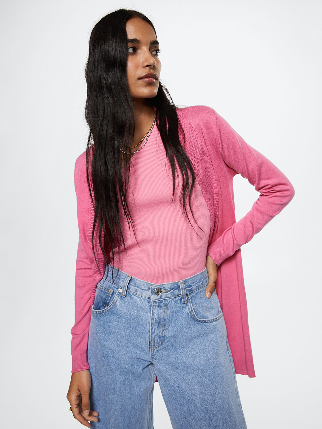 MANGO Women Pink Solid Front-Open Sweater