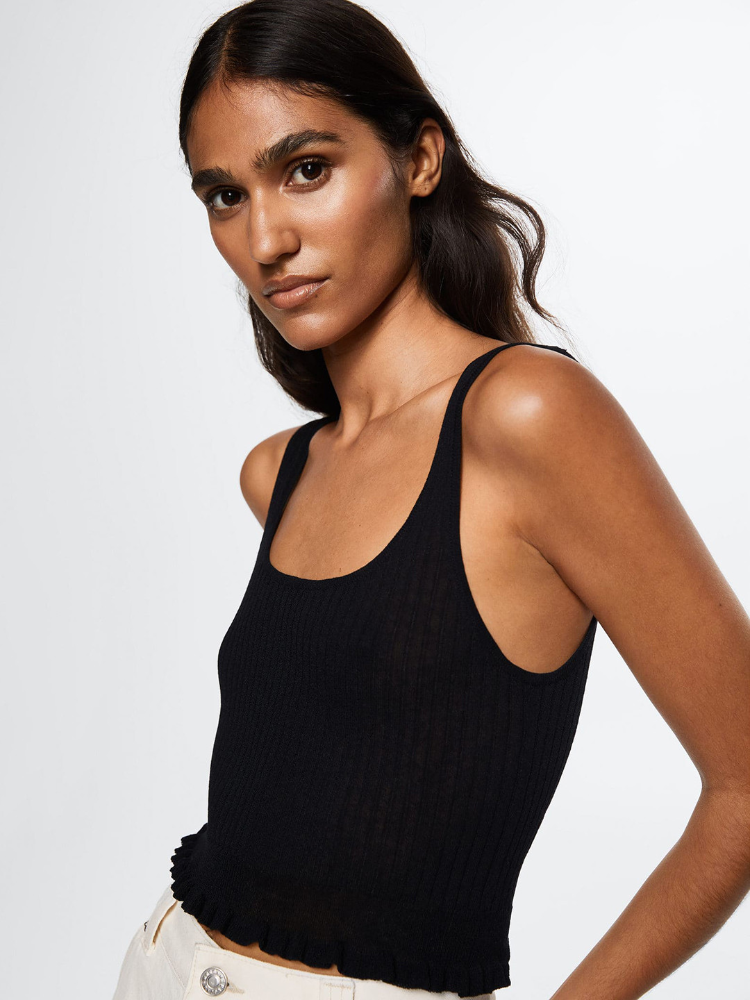MANGO Black Solid Shoulder Strap Crop Top