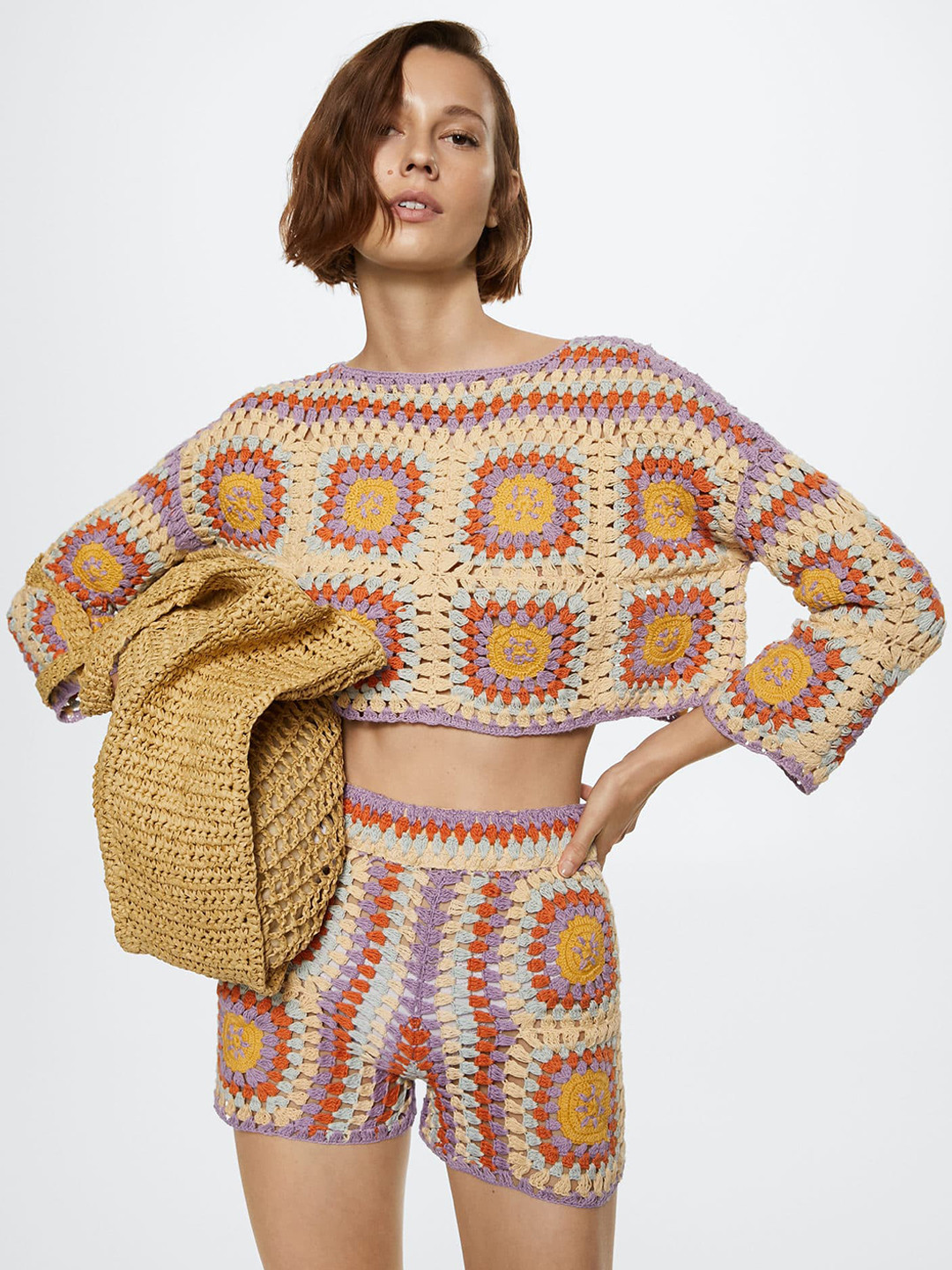 MANGO Women Cream-Coloured & Lavender Cotton Crop Crochet Sweater