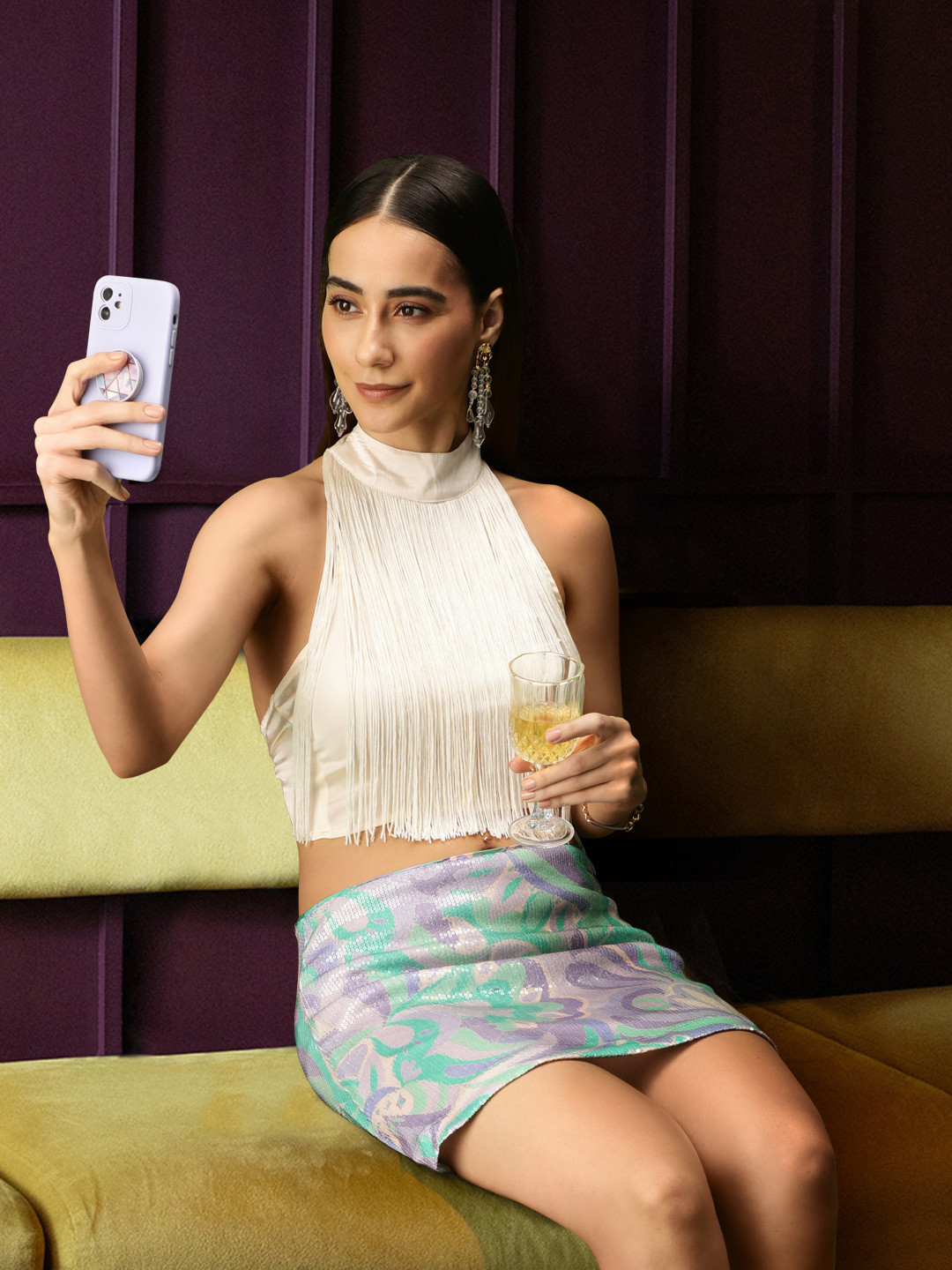 MANGO Lilac & Green Sequinned Mini Skirt