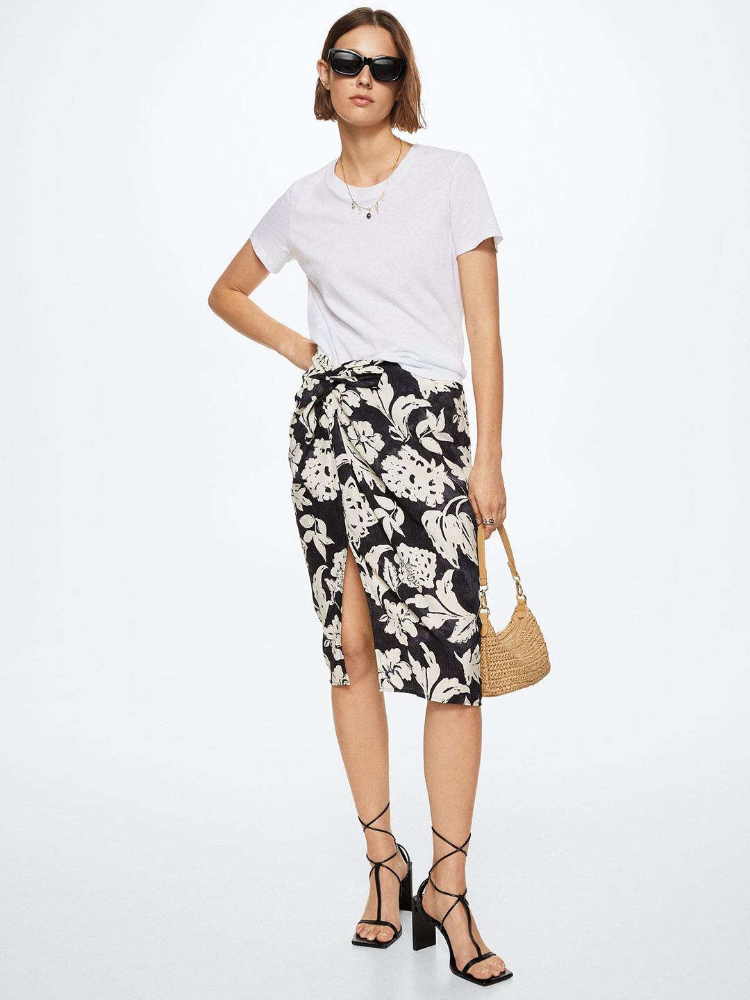 MANGO Black & Off-white Floral Print Front Slit Skirt with Knot detail