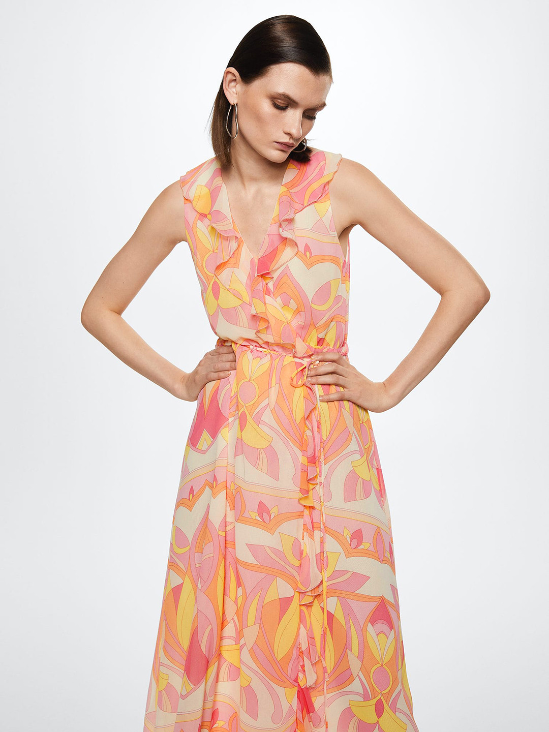 MANGO Pink & Yellow Ethnic Motifs Printed Ruffled Midi Dress