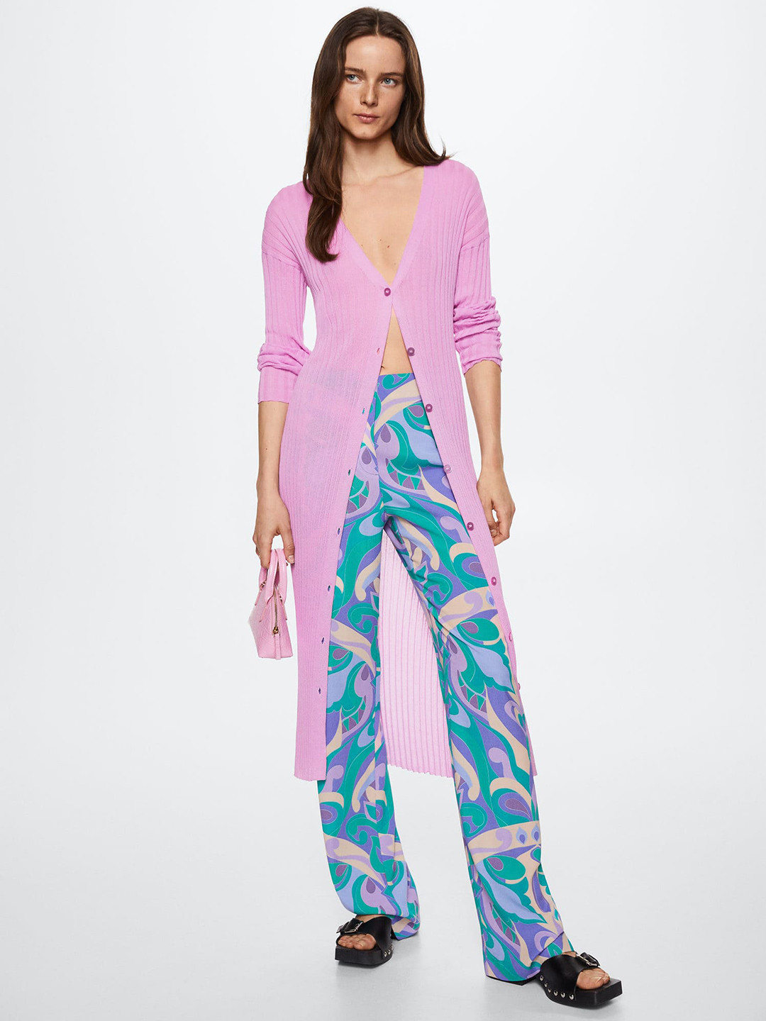 MANGO Women Lavender Ribbed Longline Cardigan