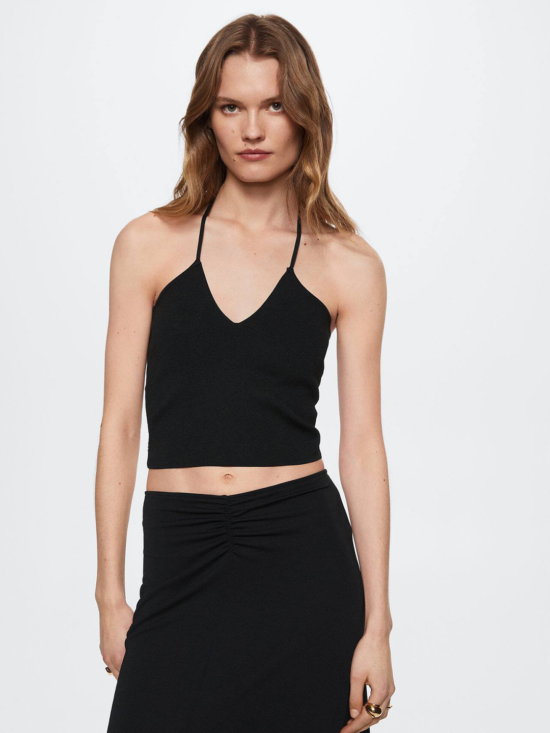 MANGO Black Halter Neck Crop Top