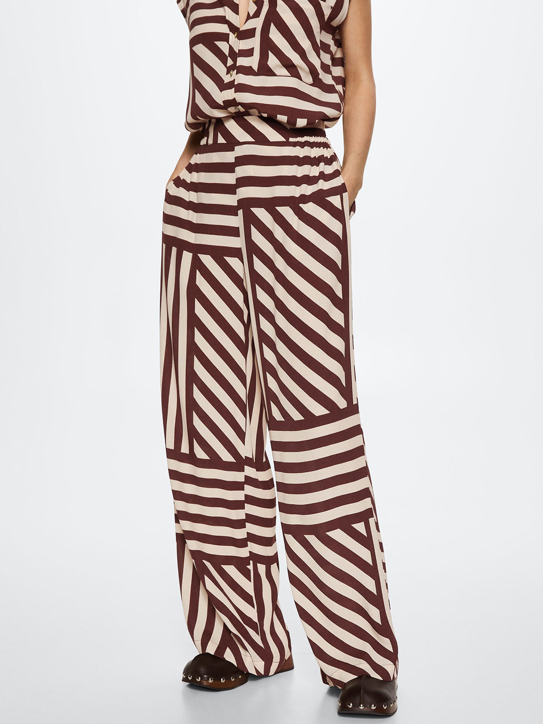 MANGO Women Coffee Brown & Beige Striped Trousers
