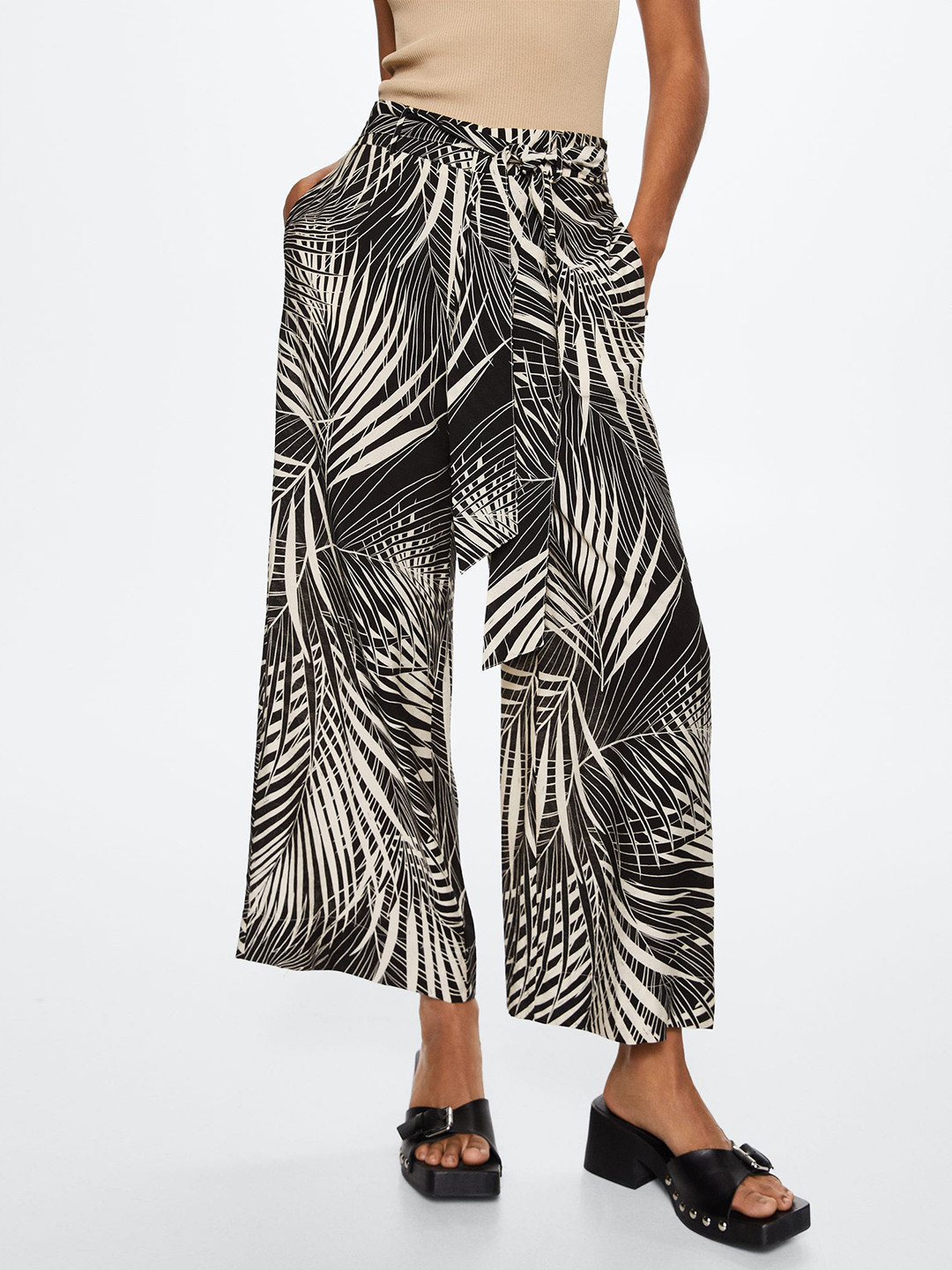 MANGO Women Black Tropical Printed Culottes Trousers Comes with a Belt