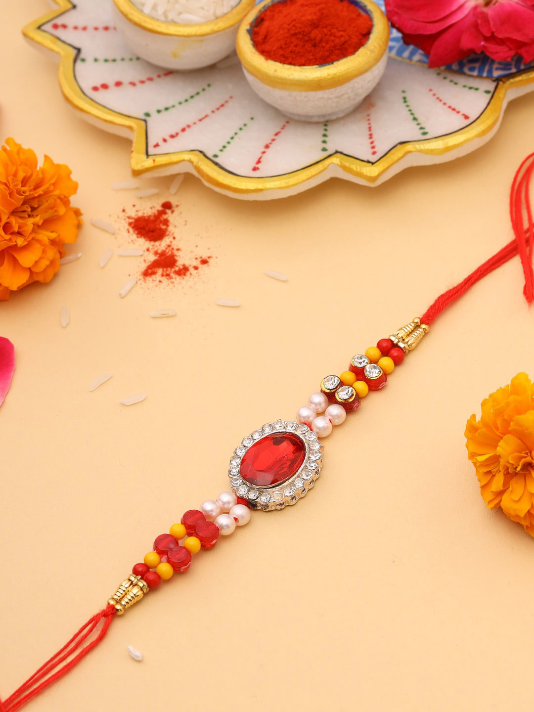 VIRAASI Men Red Sone Beaded Rakhi With Roli Chawal