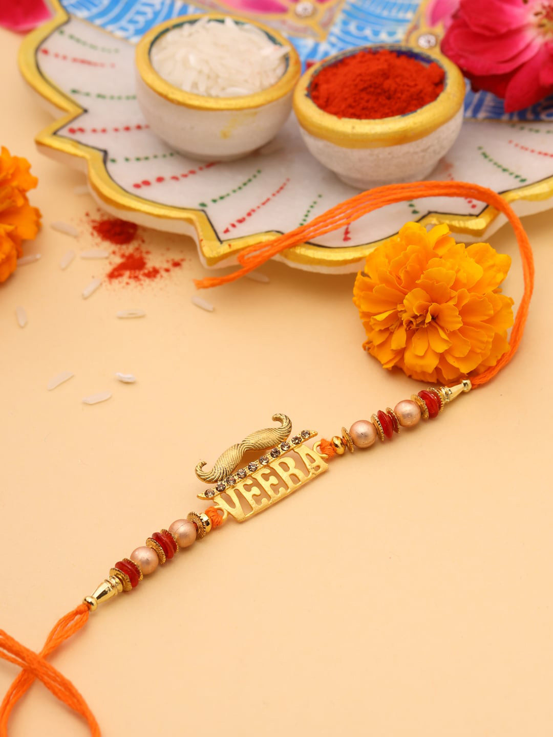 VIRAASI Men Orange & Gold-Toned Beaded Veera  Rakhi